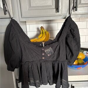 Free People Black Puff Sleeve Blouse